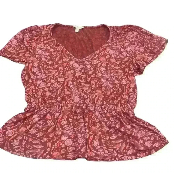 Lucky Brand Size Med Maroon Short Sleeve V Neck Peplum Ruffle Cotton Modal - Picture 5 of 6
